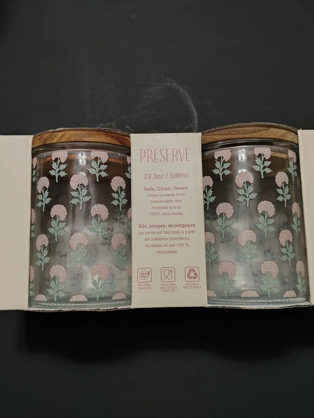 Preserve Floral Glass Jars with Wood Lids - Pink & Green
